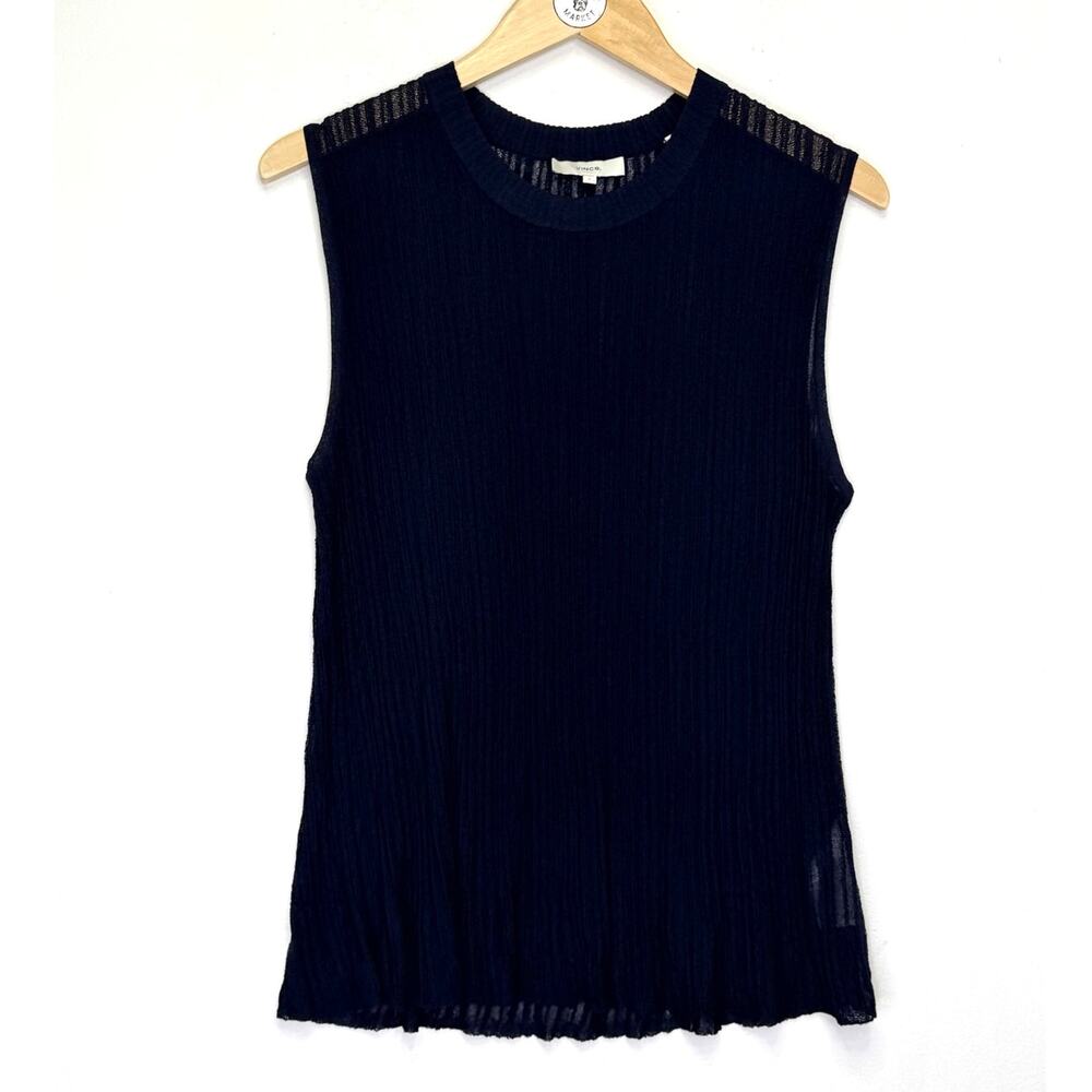 VINCE Pleated Navy Blue Top L Sheer Textured Knit Crewneck Pullover Sleeveless
